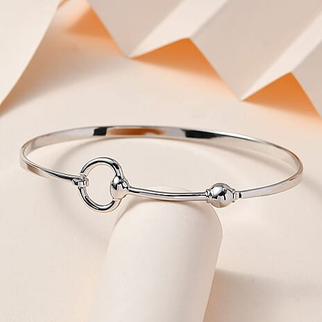 Designer Inspired Rhodium Overlay Sterling Silver Snaffle Bangle (Size - 7.5)