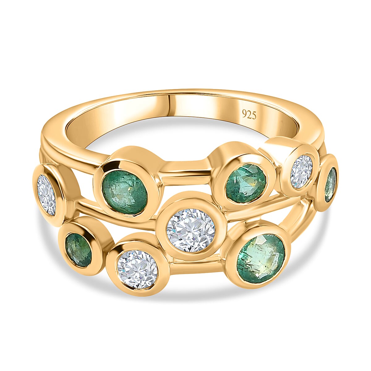 Gemfields Zambian Emerald & Moissanite Bubble Ring in 18K Vermeil Yellow Gold Plated Sterling Silver 1.57 Ct.