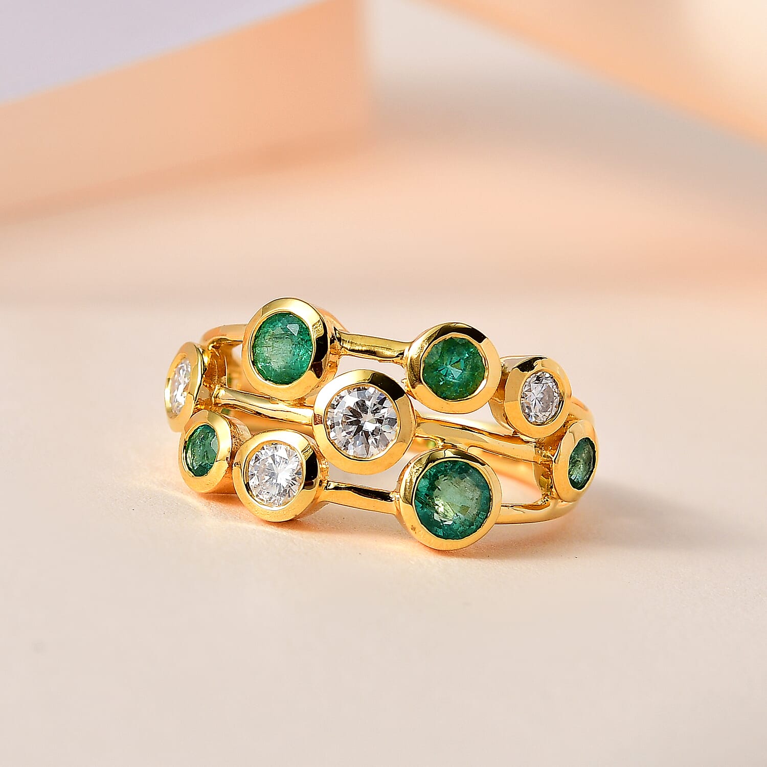 Gemfields Zambian Emerald & Moissanite Bubble Ring in 18K Vermeil Yellow Gold Plated Sterling Silver 1.57 Ct.