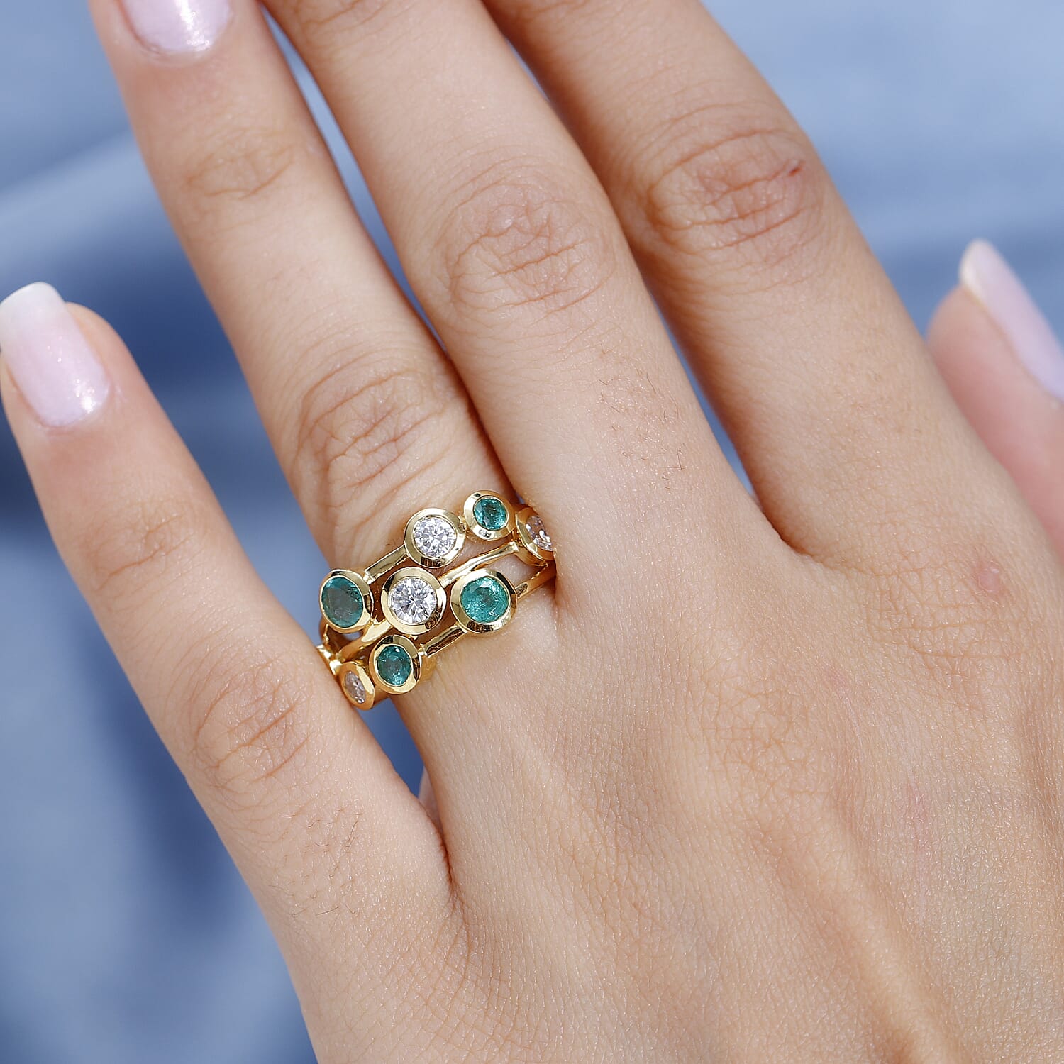 Gemfields Zambian Emerald & Moissanite Bubble Ring in 18K Vermeil Yellow Gold Plated Sterling Silver 1.57 Ct.