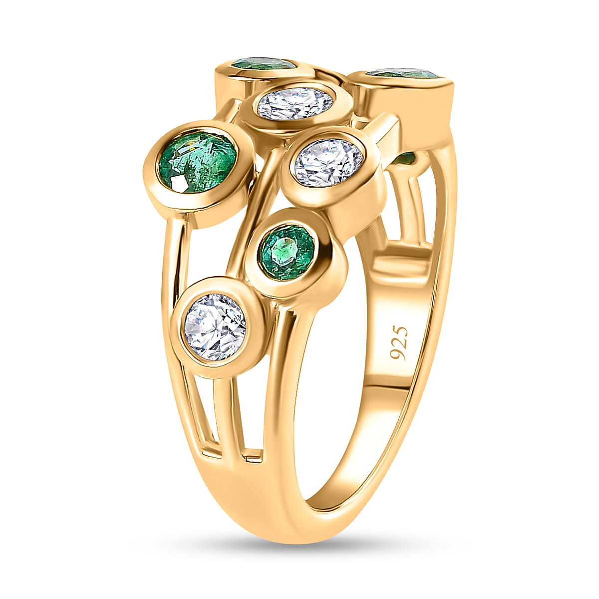 Gemfields Zambian Emerald & Moissanite Bubble Ring in 18K Vermeil Yellow Gold Plated Sterling Silver 1.57 Ct.
