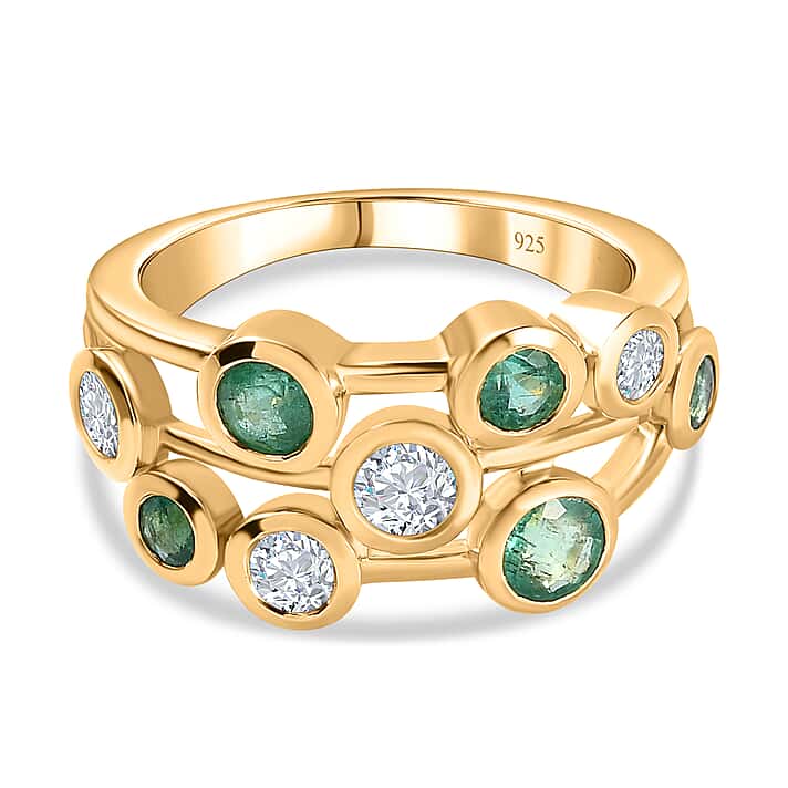 Gemfields Zambian Emerald and Moissanite Bubble Ring in 18K Vermeil Yellow Gold Plated Sterling Silver