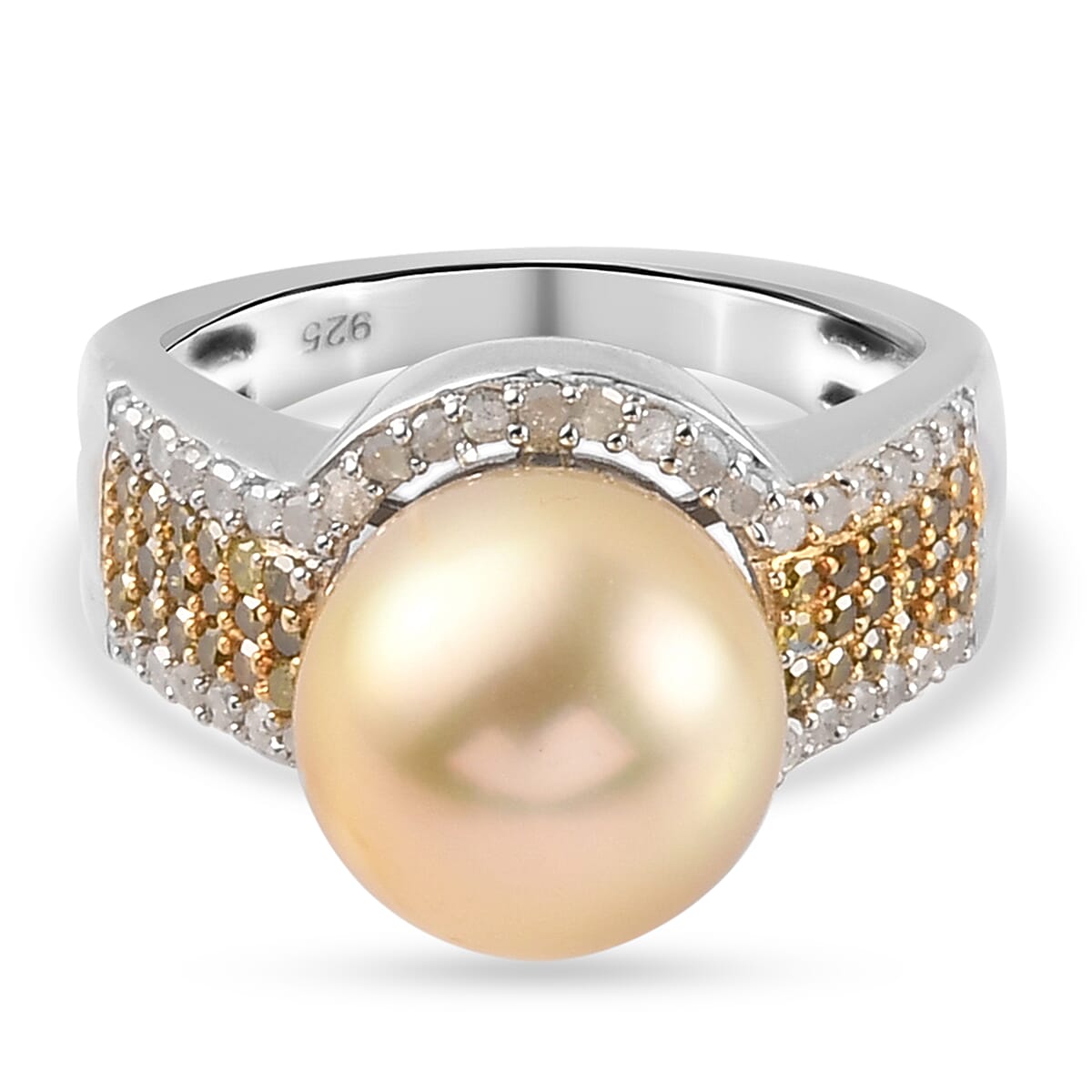 Golden South Sea Pearl ,  Yellow Diamond ,  White Diamond  Main Stone With Surrounding Stone Ring in Platinum Overlay Sterling Silver 0.60 ct,  Silver Wt. 8.48 Gms  0.600  Ct.