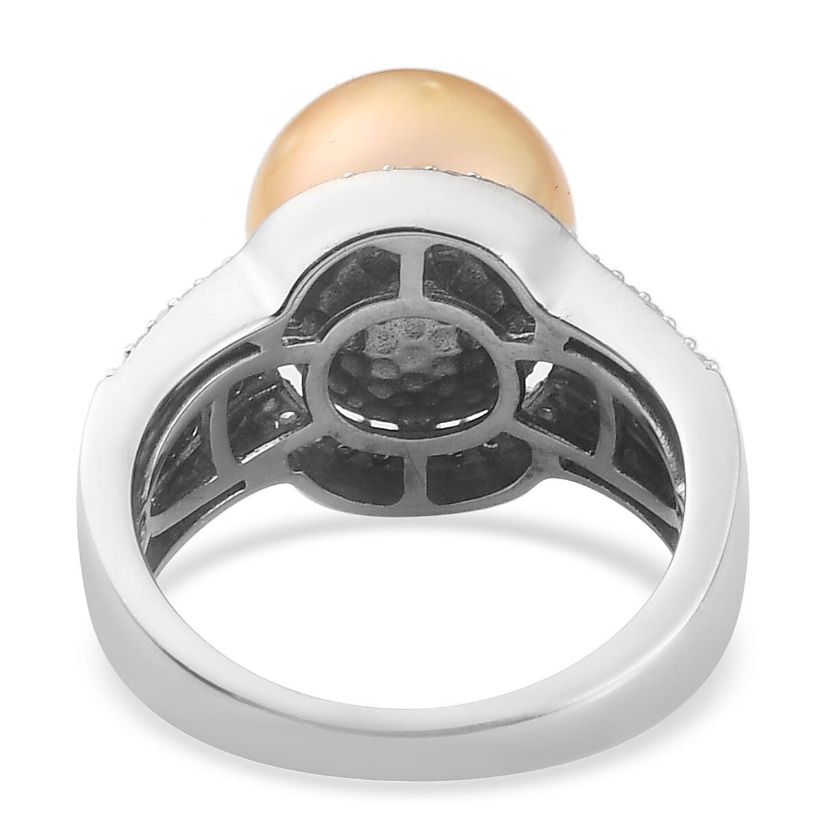 Golden South Sea Pearl ,  Yellow Diamond ,  White Diamond  Main Stone With Surrounding Stone Ring in Platinum Overlay Sterling Silver 0.60 ct,  Silver Wt. 8.48 Gms  0.600  Ct.