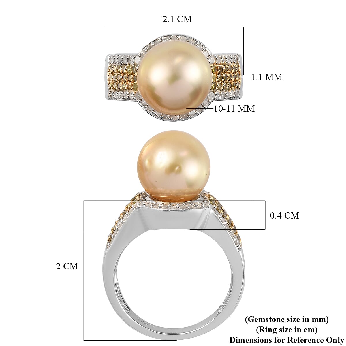 Golden South Sea Pearl ,  Yellow Diamond ,  White Diamond  Main Stone With Surrounding Stone Ring in Platinum Overlay Sterling Silver 0.60 ct,  Silver Wt. 8.48 Gms  0.600  Ct.