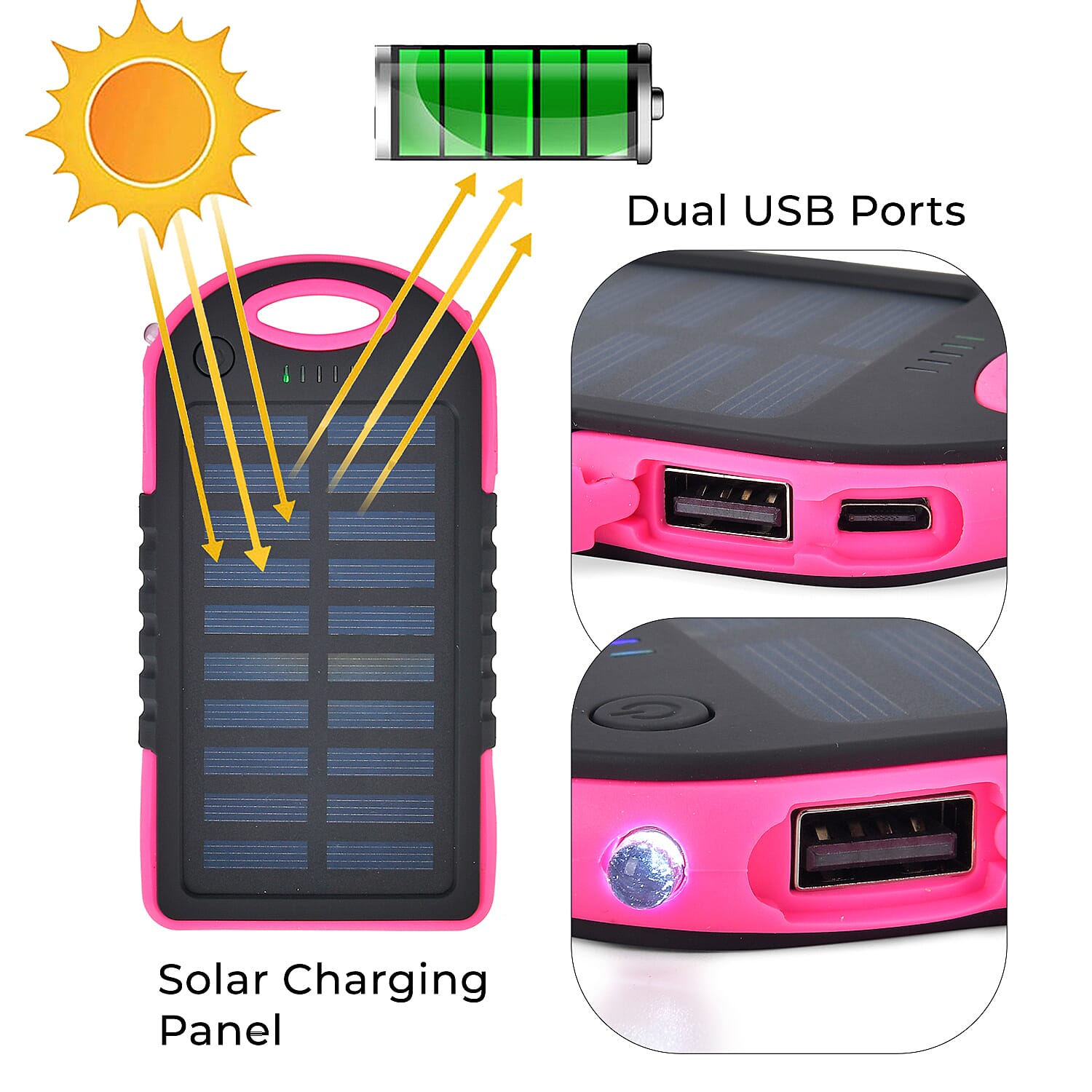 Energy Efficient Solar Charger 5000 mAH Power Bank with charging Cable included- Pink & Black