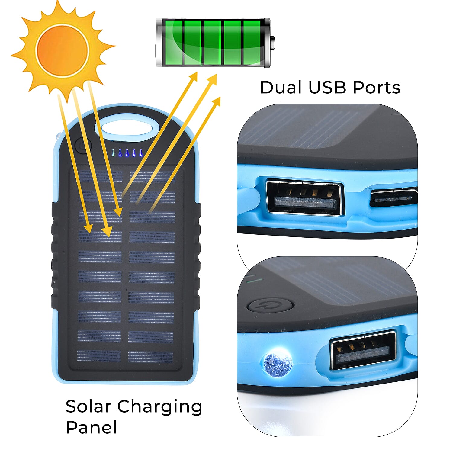 Energy Efficient Solar Charger 5000 mAH Power Bank with charging Cable included- Blue & Black
