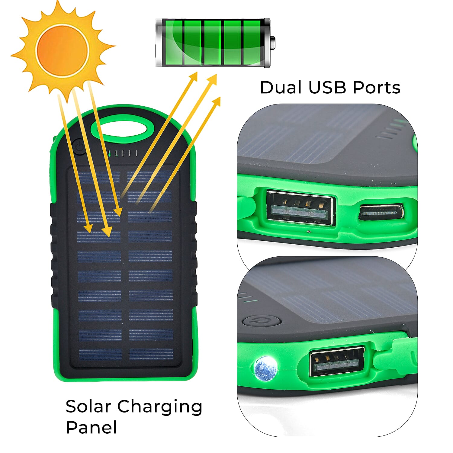 Energy Efficient Solar Charger 5000 mAH Power Bank with charging Cable included- Green & Black