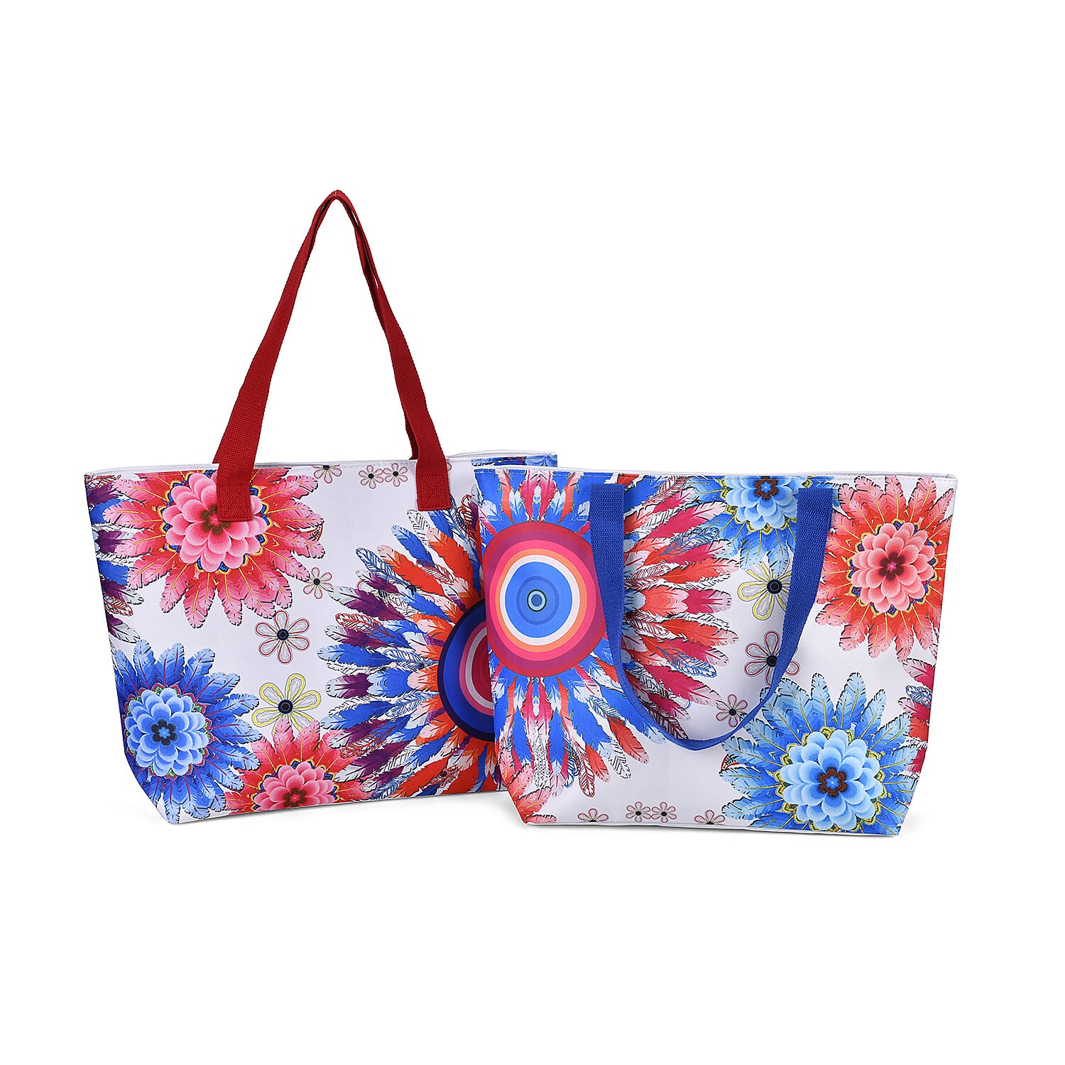 Set of 2 Flower Pattern Tote Bag with Handle Drop - Blue & Red