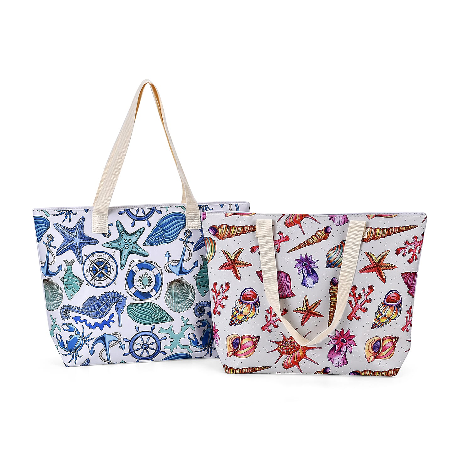 Set of 2 Sea Gull Pattern Tote Bag with Handle Drop - Red & Blue