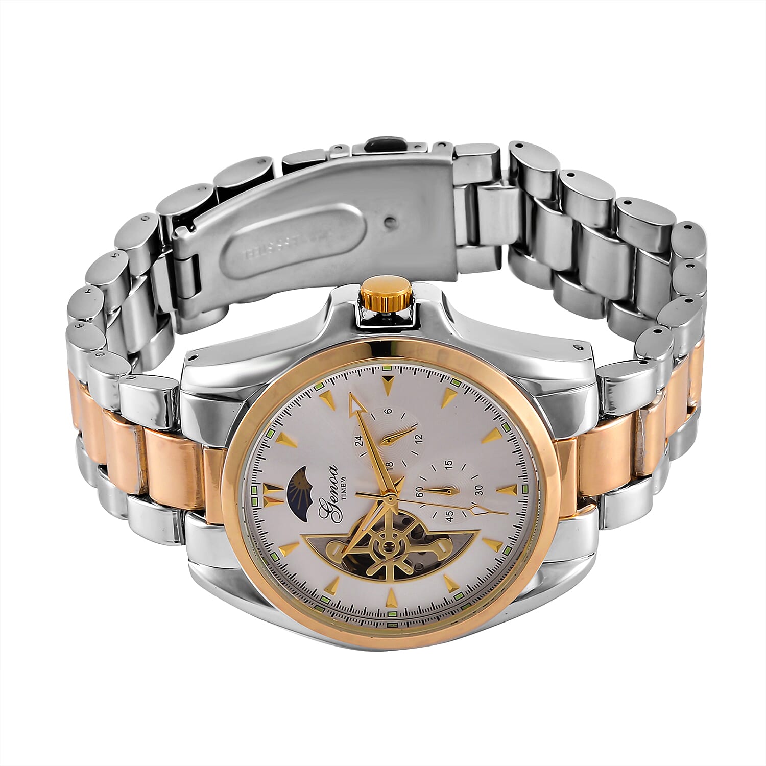 GENOA TIME V2 Automatic Mechanical Multifunction Movt. Watch with Stainless Steel Strap Exhibition Back Water Resistant in Dual Tone