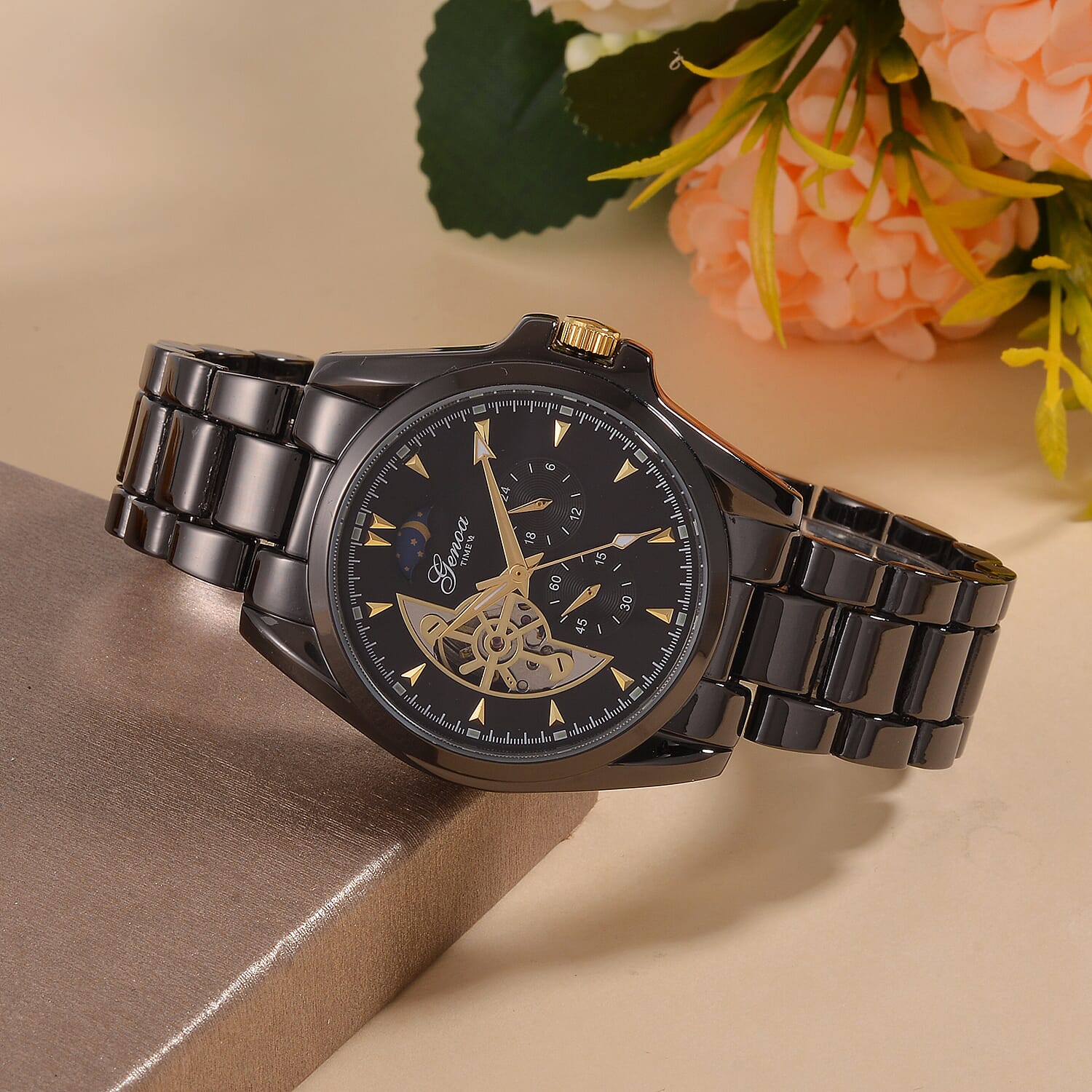 New Launch - GENOA TIME V2 Automatic Mechanical Multifunction Movt. Watch with Stainless Steel Strap Exhibition Back Water Resistant - Black