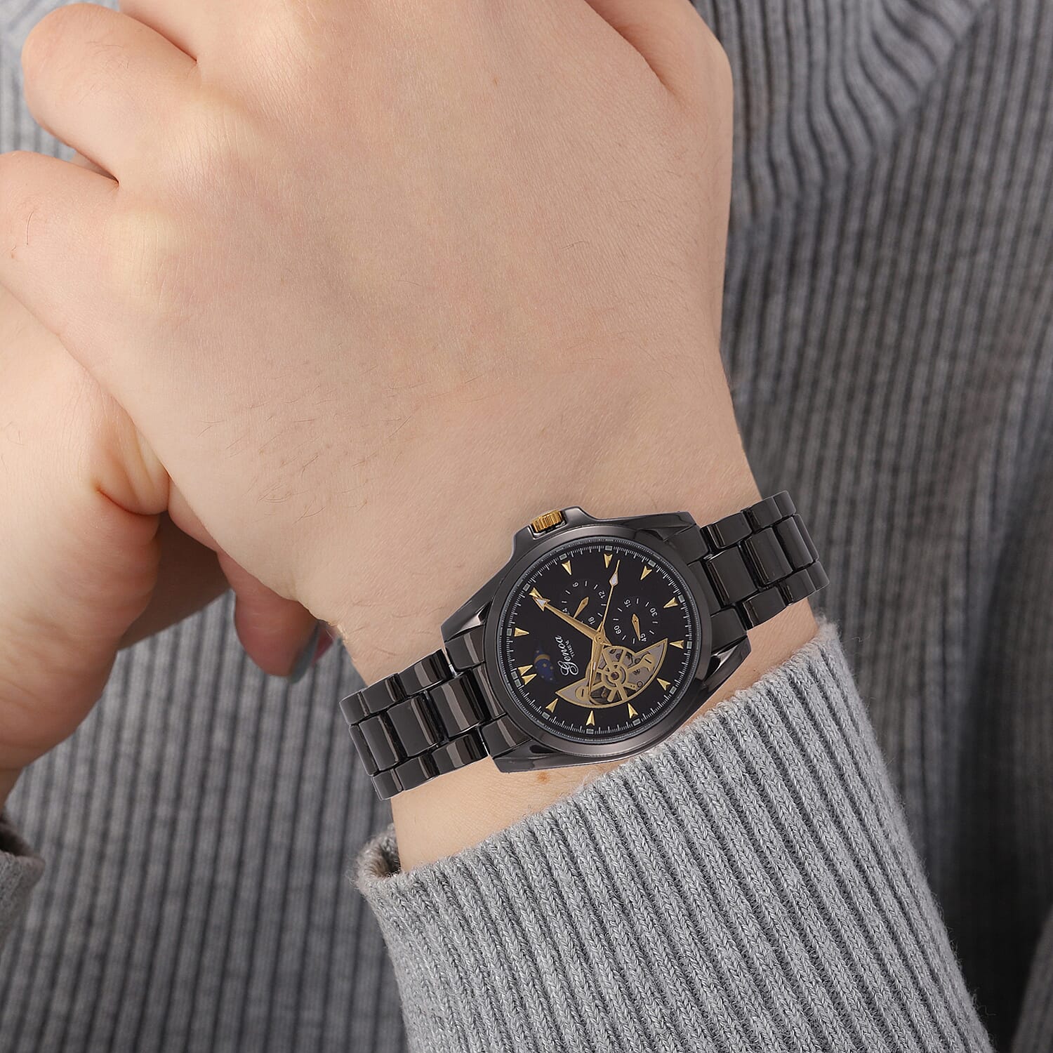 New Launch - GENOA TIME V2 Automatic Mechanical Multifunction Movt. Watch with Stainless Steel Strap Exhibition Back Water Resistant - Black