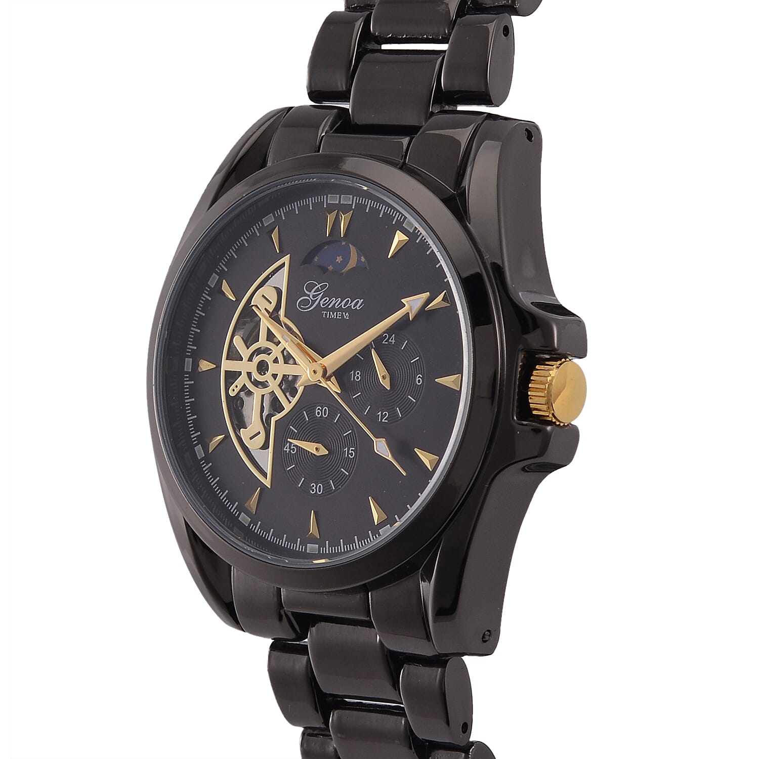 New Launch - GENOA TIME V2 Automatic Mechanical Multifunction Movt. Watch with Stainless Steel Strap Exhibition Back Water Resistant - Black