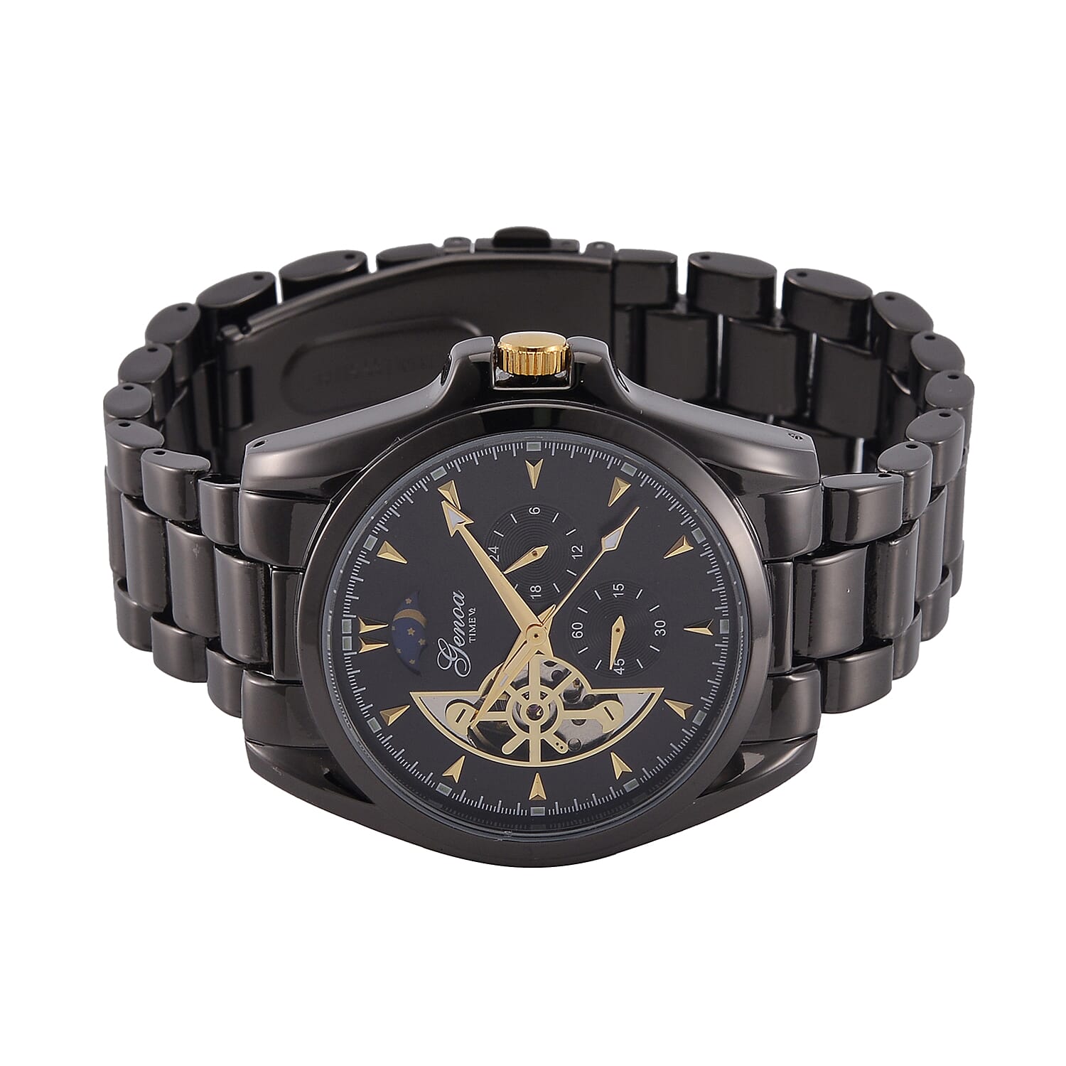 New Launch - GENOA TIME V2 Automatic Mechanical Multifunction Movt. Watch with Stainless Steel Strap Exhibition Back Water Resistant - Black
