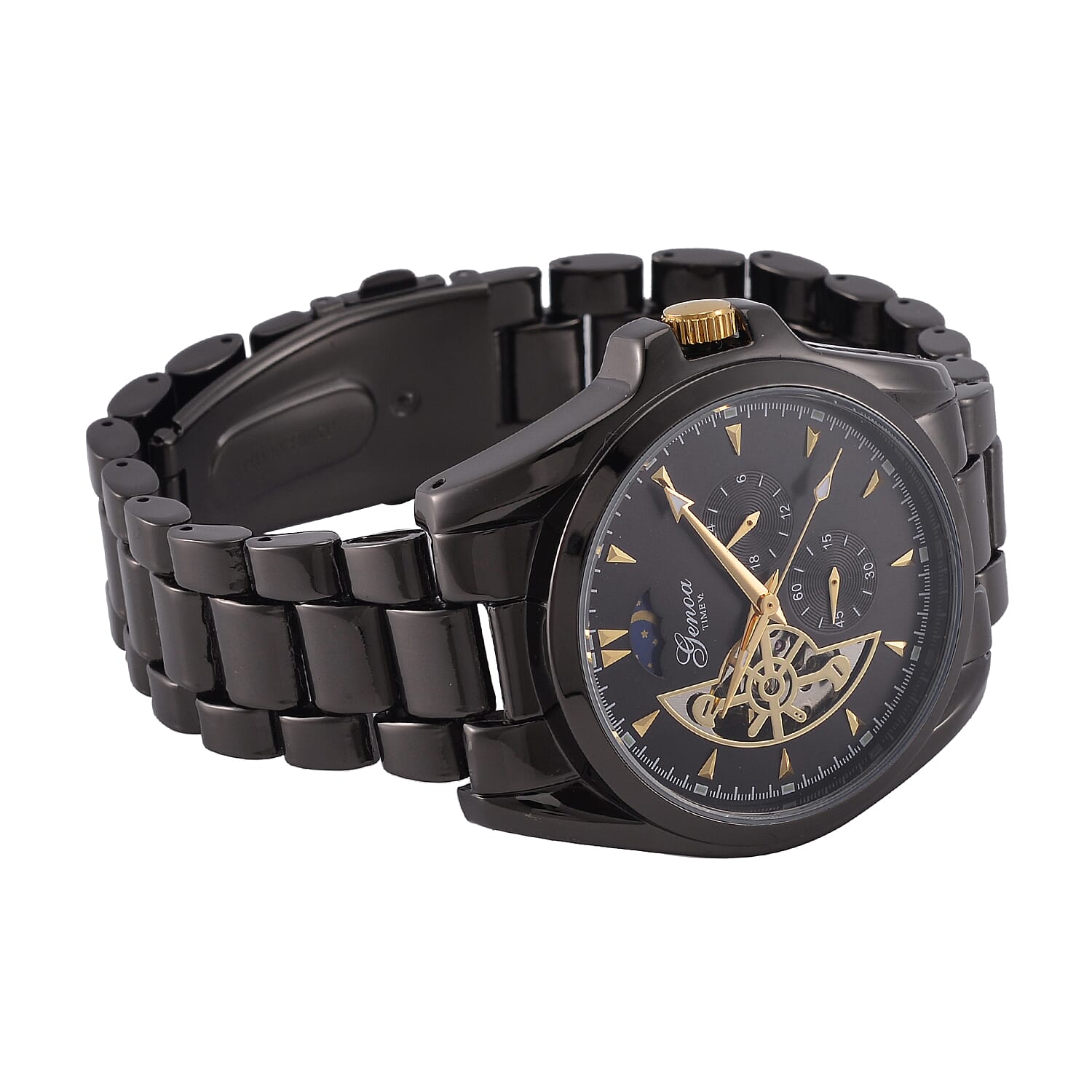 New Launch - GENOA TIME V2 Automatic Mechanical Multifunction Movt. Watch with Stainless Steel Strap Exhibition Back Water Resistant - Black