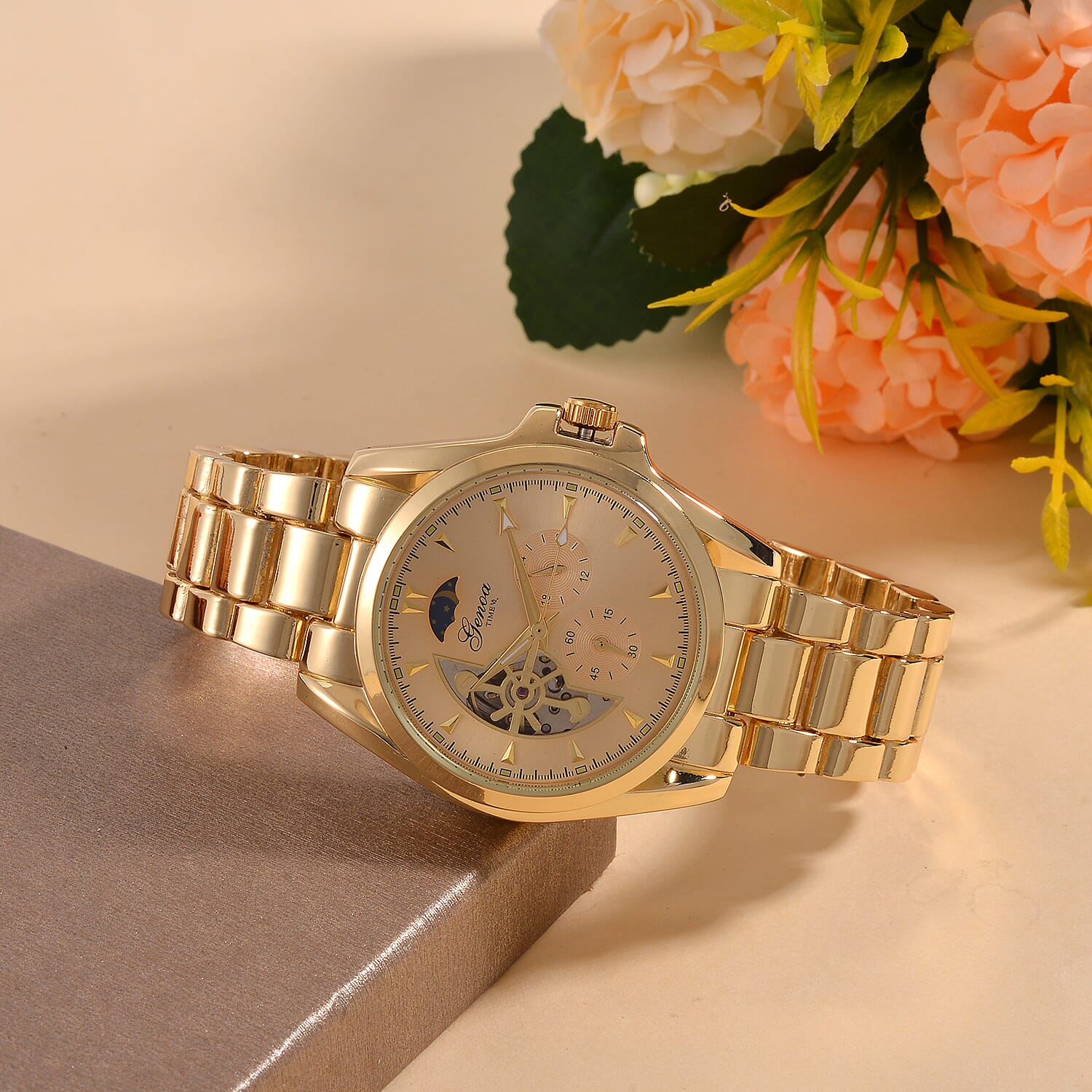 GENOA TIME V2 Automatic Mechanical Multifunction Movt. Watch with Stainless Steel Strap Exhibition Back Water Resistant - Gold