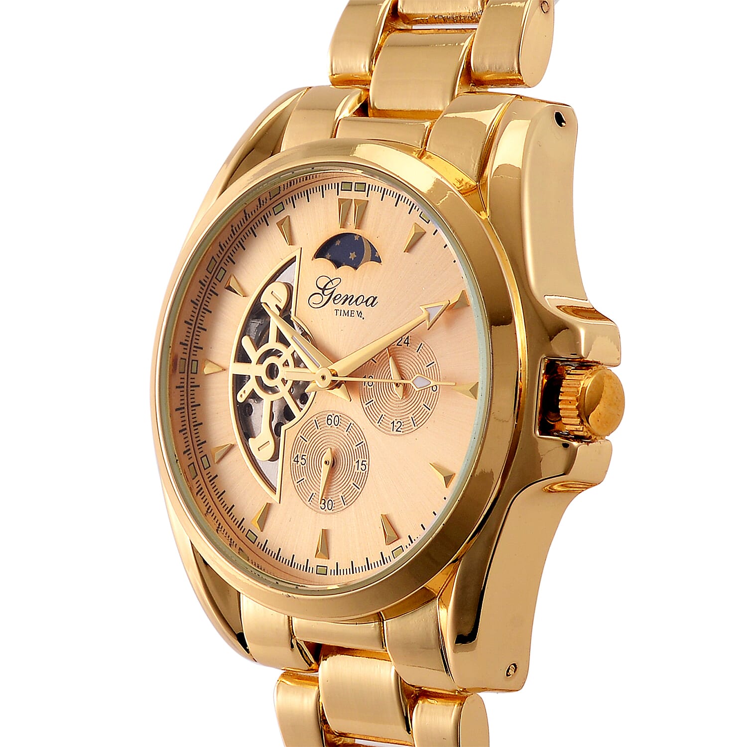 GENOA TIME V2 Automatic Mechanical Multifunction Movt. Watch with Stainless Steel Strap Exhibition Back Water Resistant - Gold