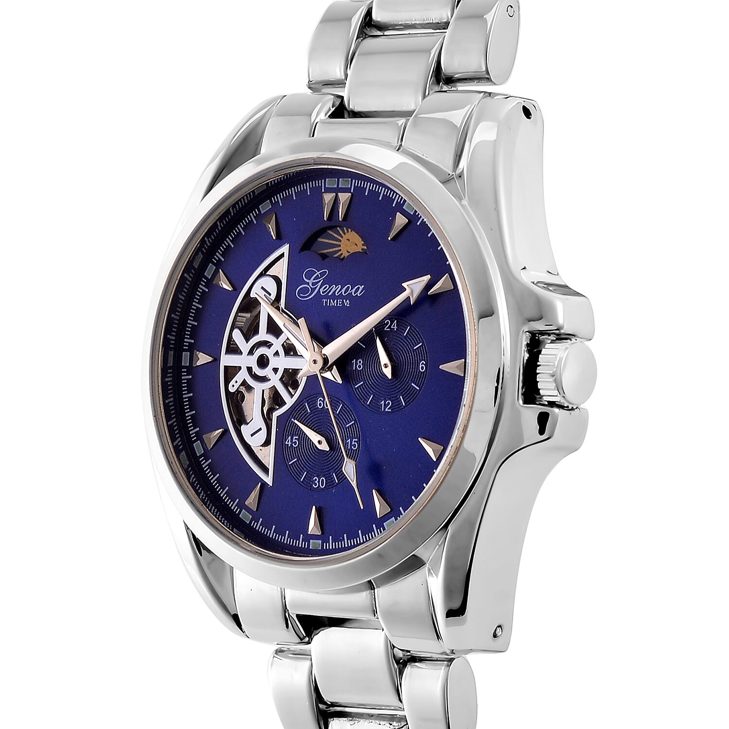 GENOA TIME V2 Automatic Mechanical Multifunction Movt. Watch with Stainless Steel Strap Exhibition Back Water Resistant - Silver