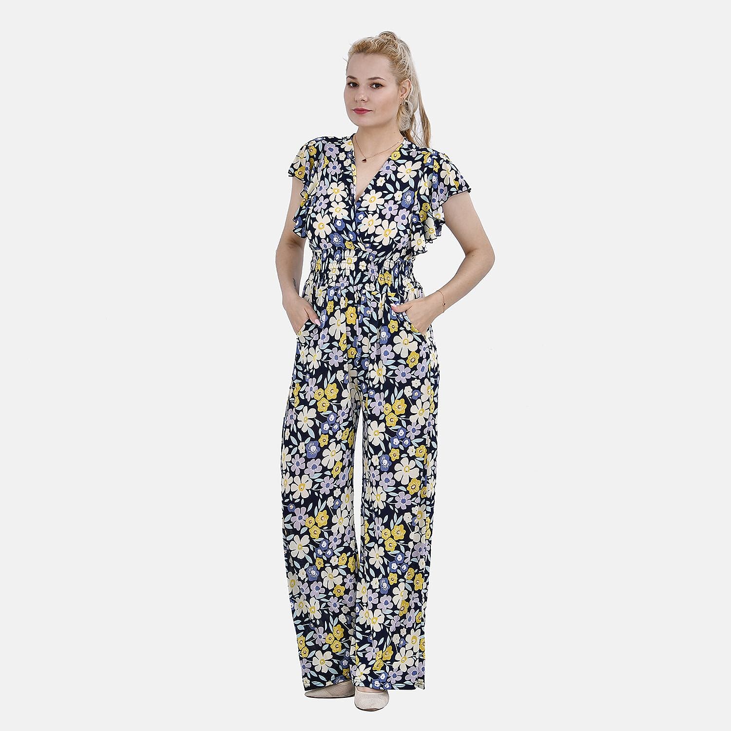 LA MAREY Floral Pattern Smocked Waist Jumpsuit with Flutter Sleeve (Size 10 - 14) - Floral