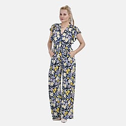 LA MAREY Floral Pattern Smocked Waist Jumpsuit with Flutter Sleeve (Size M) - Yellow & Purple