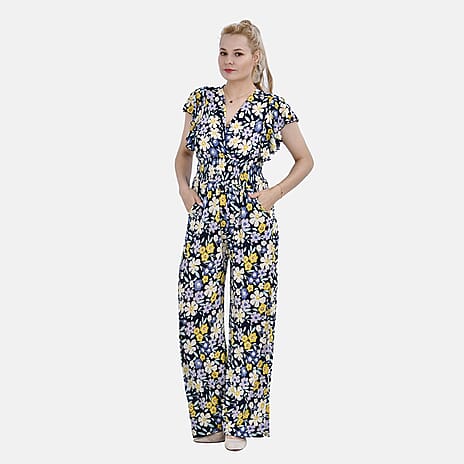 LA MAREY Floral Pattern Smocked Waist Jumpsuit with Flutter Sleeve (Size 10 - 14) - Floral