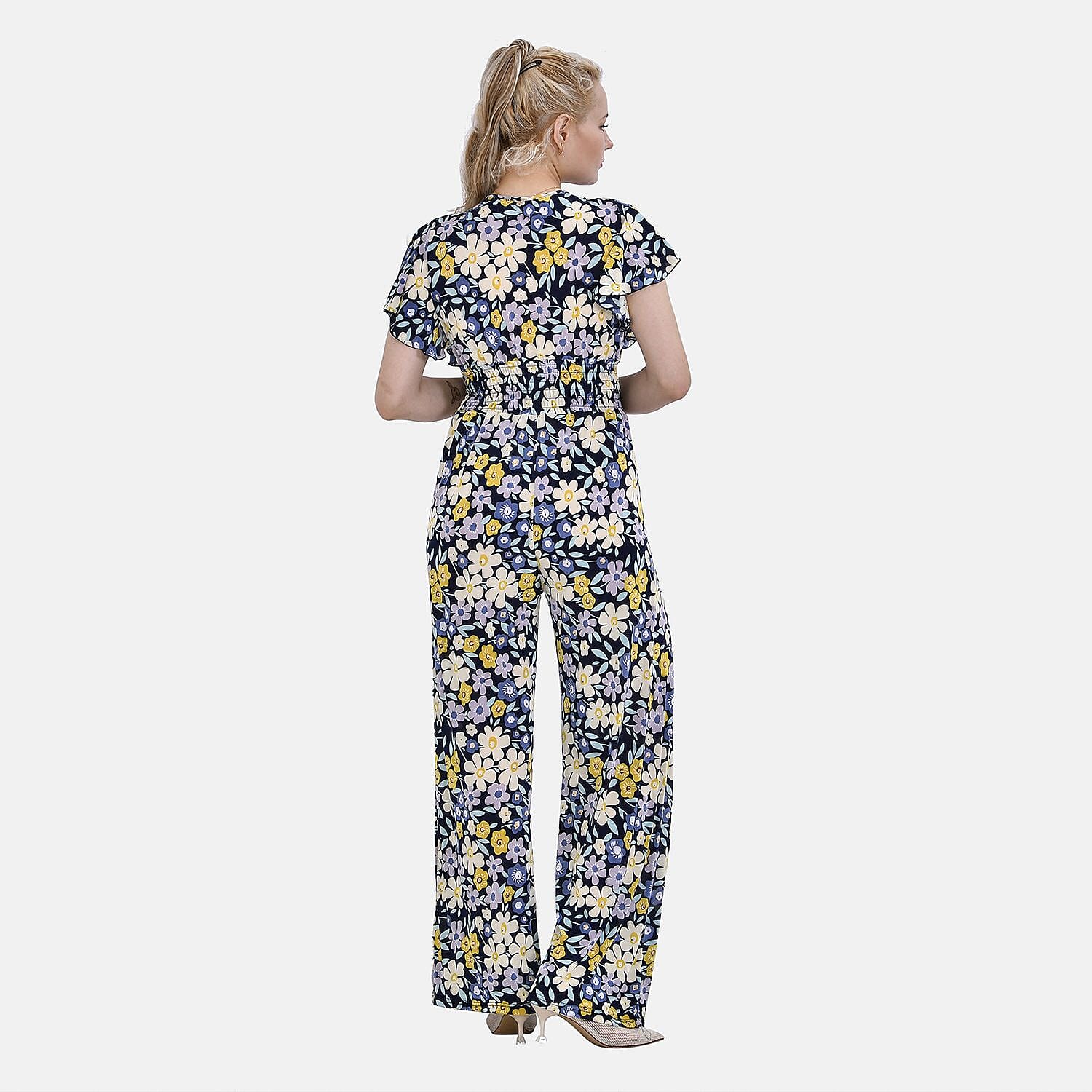 LA MAREY Floral Pattern Smocked Waist Jumpsuit with Flutter Sleeve (Size 10 - 14) - Floral