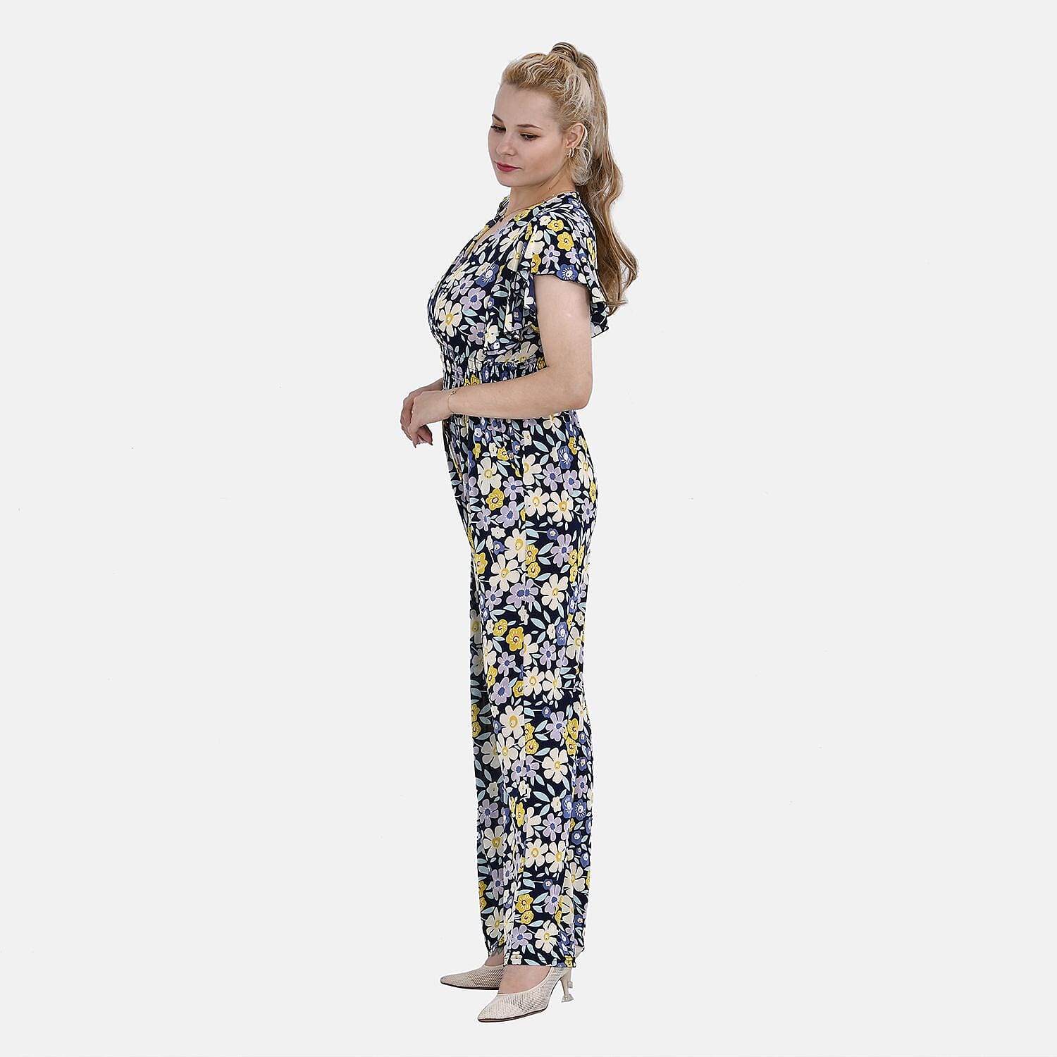 LA MAREY Floral Pattern Smocked Waist Jumpsuit with Flutter Sleeve (Size 10 - 14) - Floral