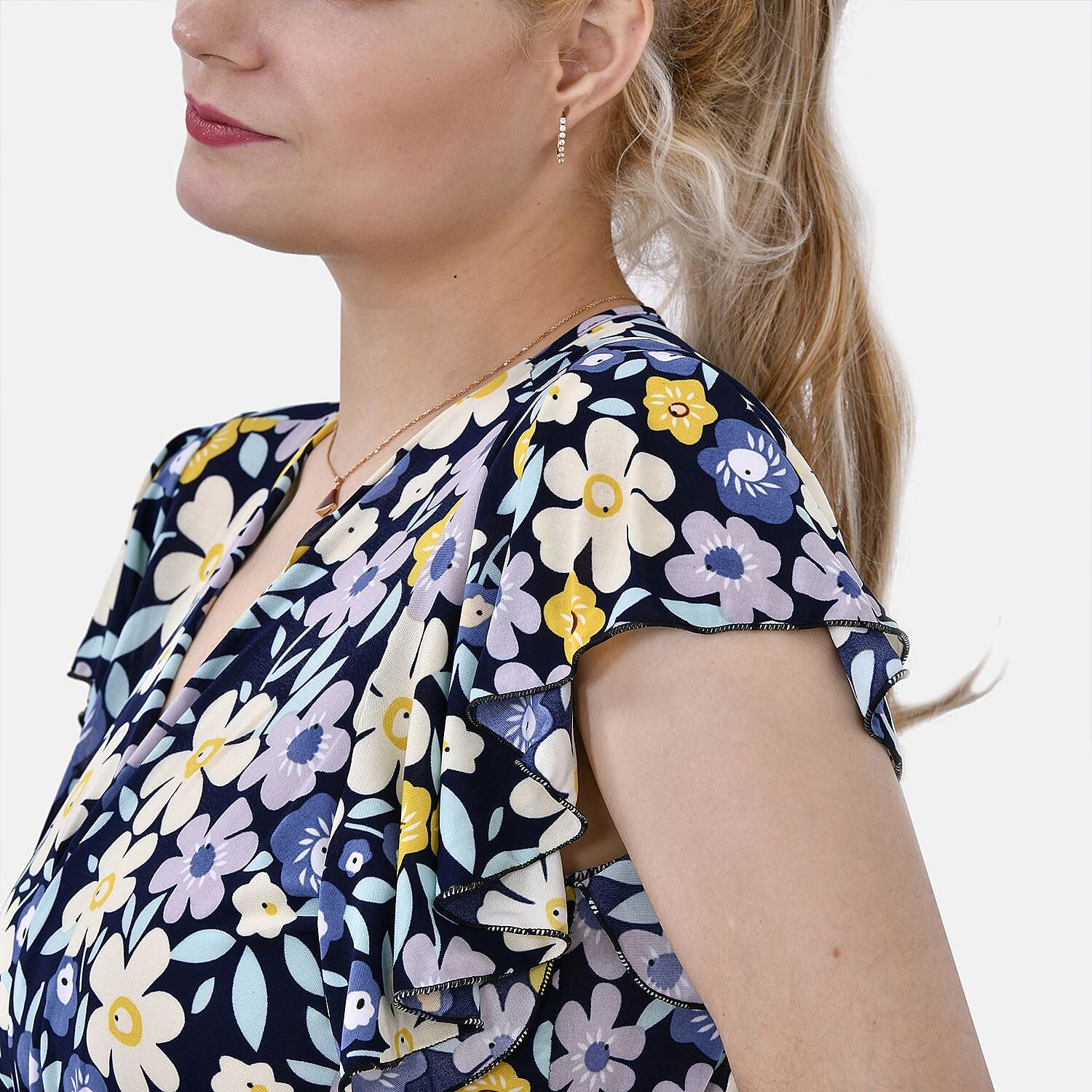 LA MAREY Floral Pattern Smocked Waist Jumpsuit with Flutter Sleeve (Size M) - Yellow & Purple