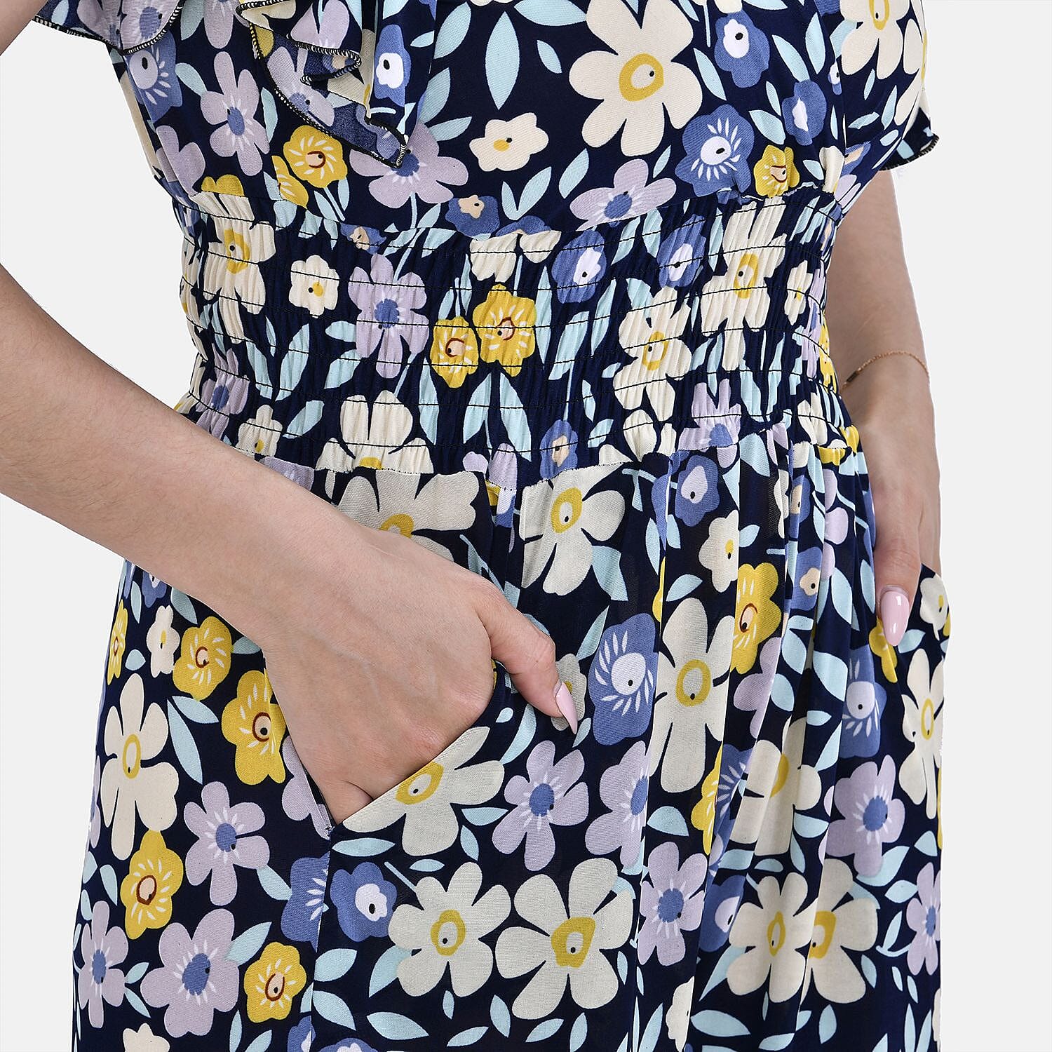 LA MAREY Floral Pattern Smocked Waist Jumpsuit with Flutter Sleeve (Size M) - Yellow & Purple