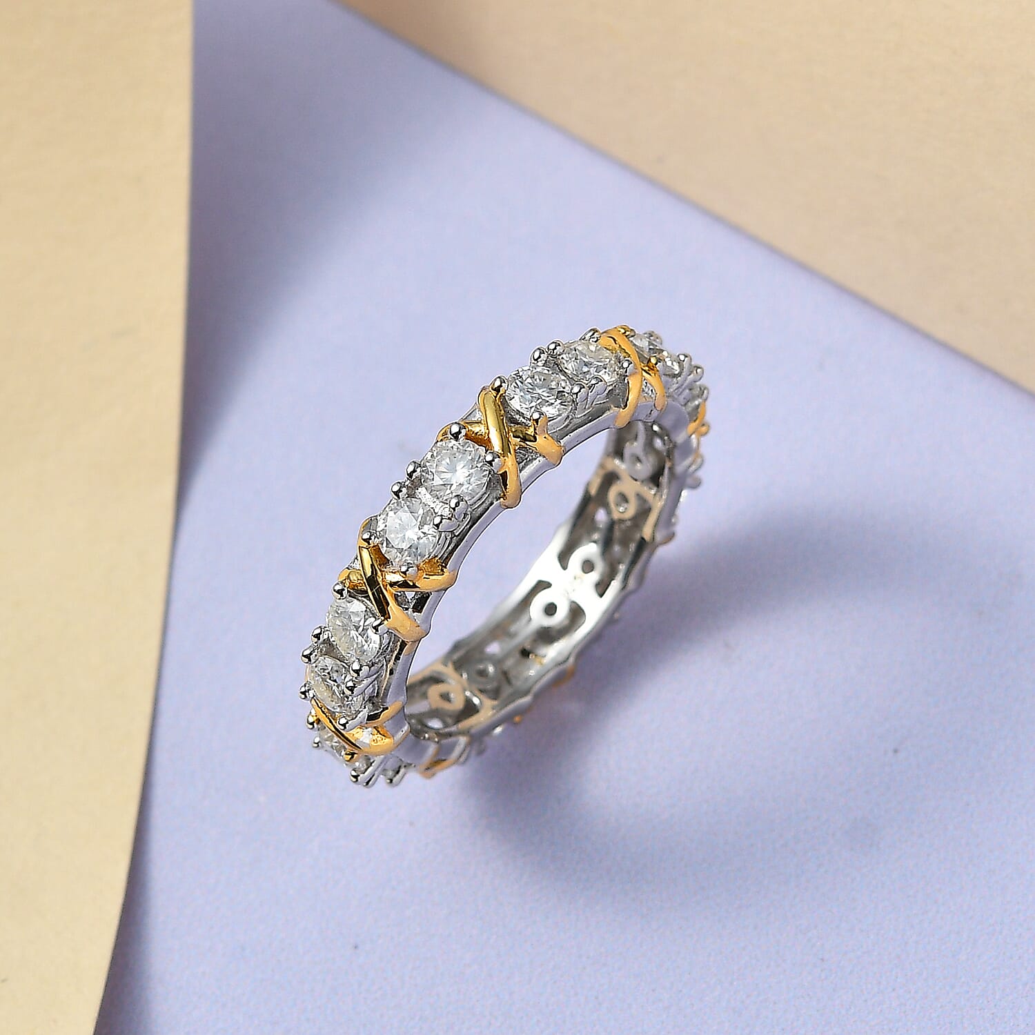 D'Joy Moissanite Band Ring in Platinum Overlay & Yellow Gold Plated Sterling Silver 1.60 Ct.