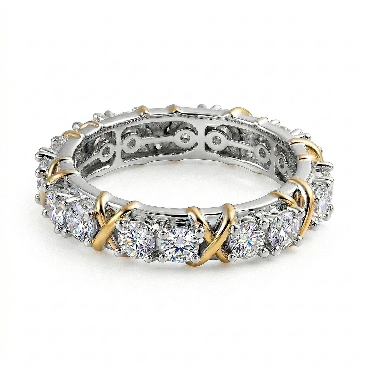 D'Joy Moissanite Criss Cross Band Ring in Platinum Overlay & Yellow Gold Plated Sterling Silver 1.85 Ct.