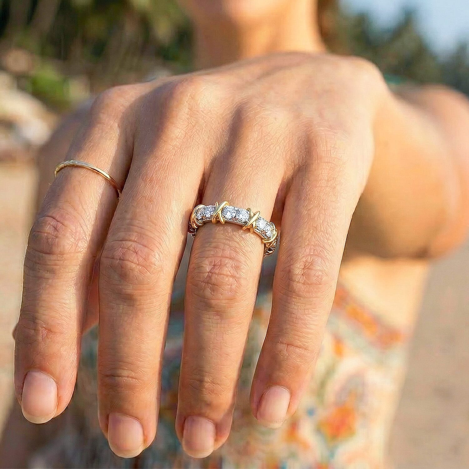 D'Joy Moissanite Criss Cross Band Ring in Platinum Overlay & Yellow Gold Plated Sterling Silver 1.85 Ct.