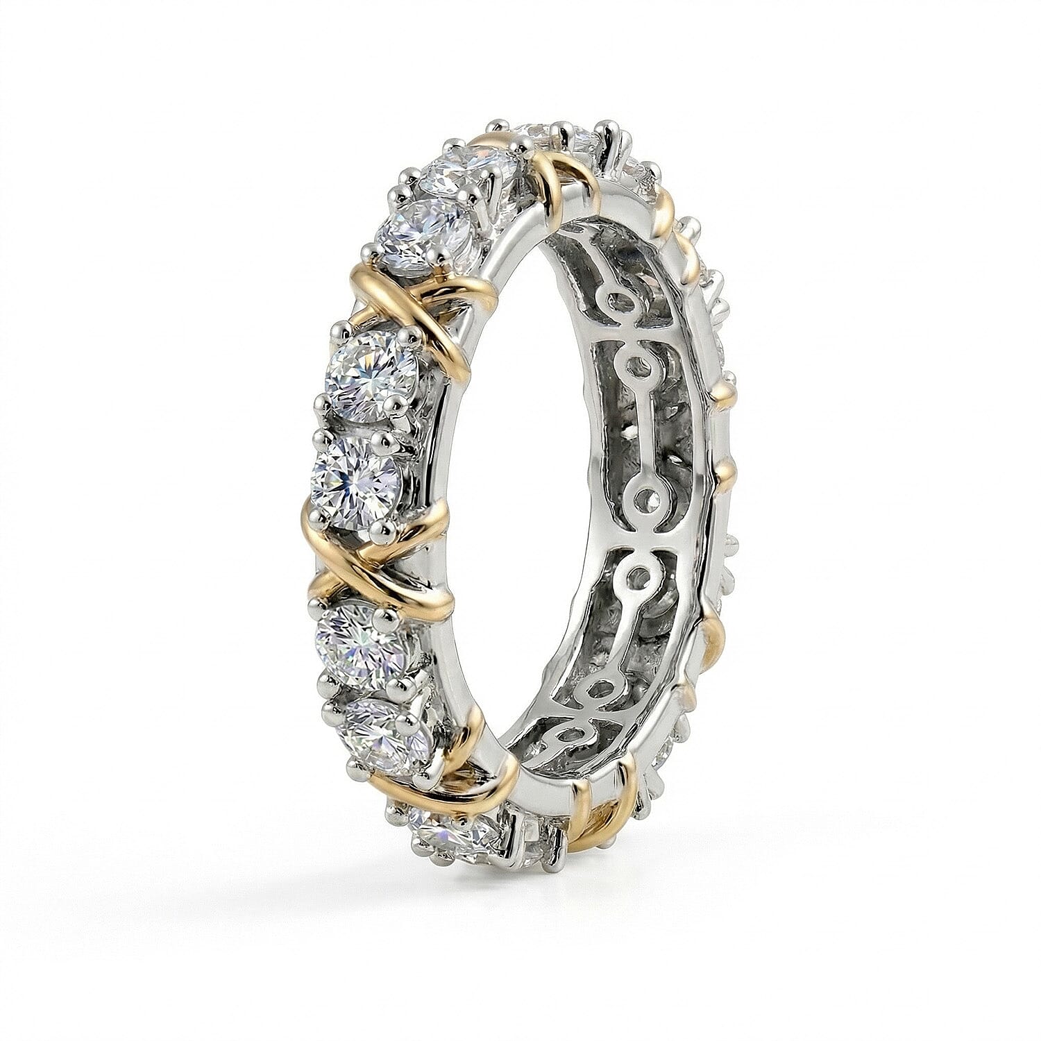 D'Joy Moissanite Criss Cross Band Ring in Platinum Overlay & Yellow Gold Plated Sterling Silver 1.85 Ct.