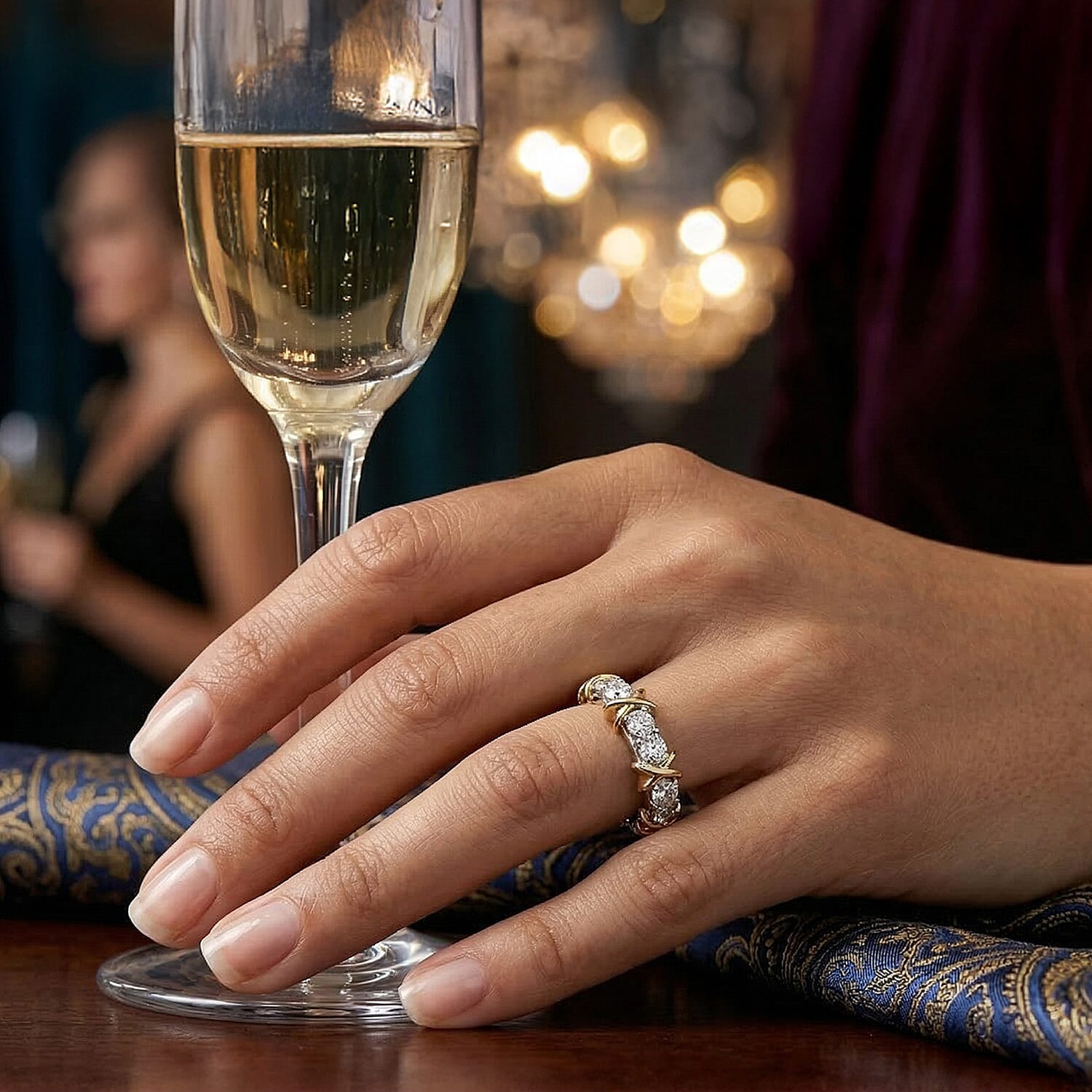 D'Joy Moissanite Criss Cross Band Ring in Platinum Overlay & Yellow Gold Plated Sterling Silver 1.85 Ct.