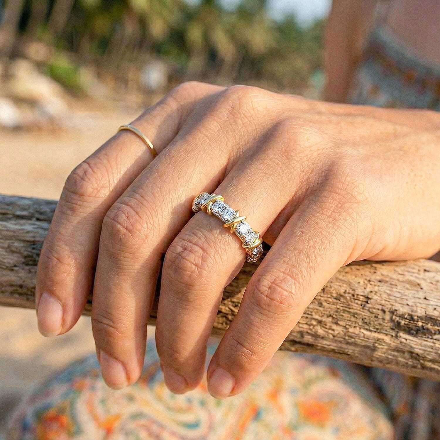 D'Joy Moissanite Criss Cross Band Ring in Platinum Overlay & Yellow Gold Plated Sterling Silver 1.85 Ct.