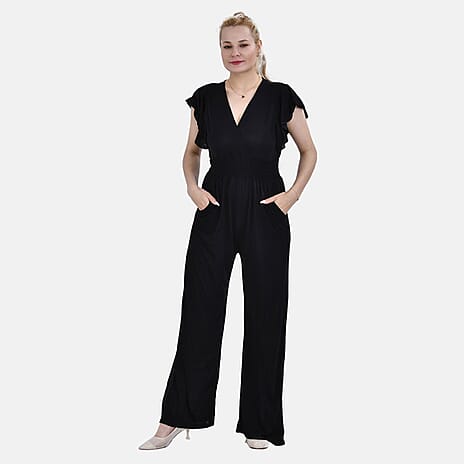 LA MAREY Smocked Waist Jumpsuit with Flutter Sleeve (10 to 14) - Black