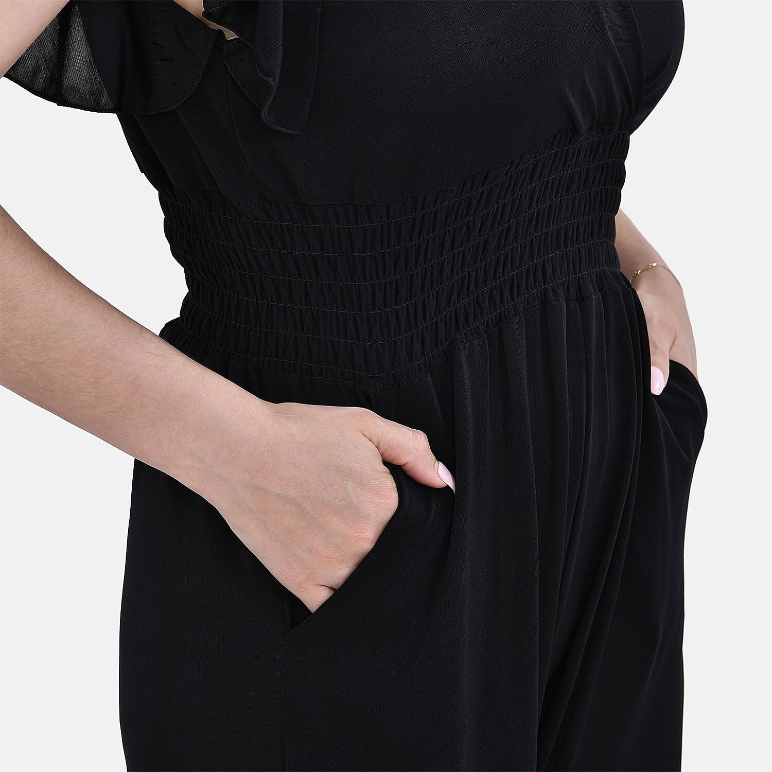 LA MAREY Floral Pattern Smocked Waist Jumpsuit with Flutter Sleeve (Size M) - Yellow & Purple