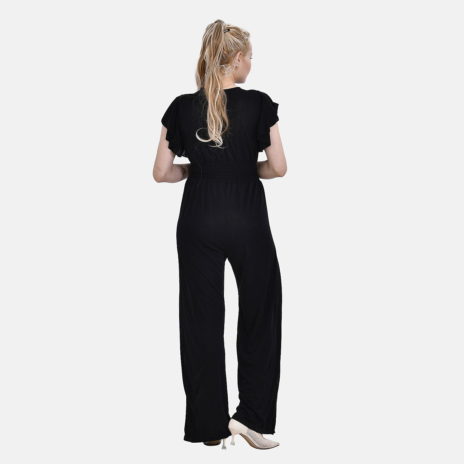 LA MAREY Smocked Waist Jumpsuit with Flutter Sleeve (16 to 20) - Black