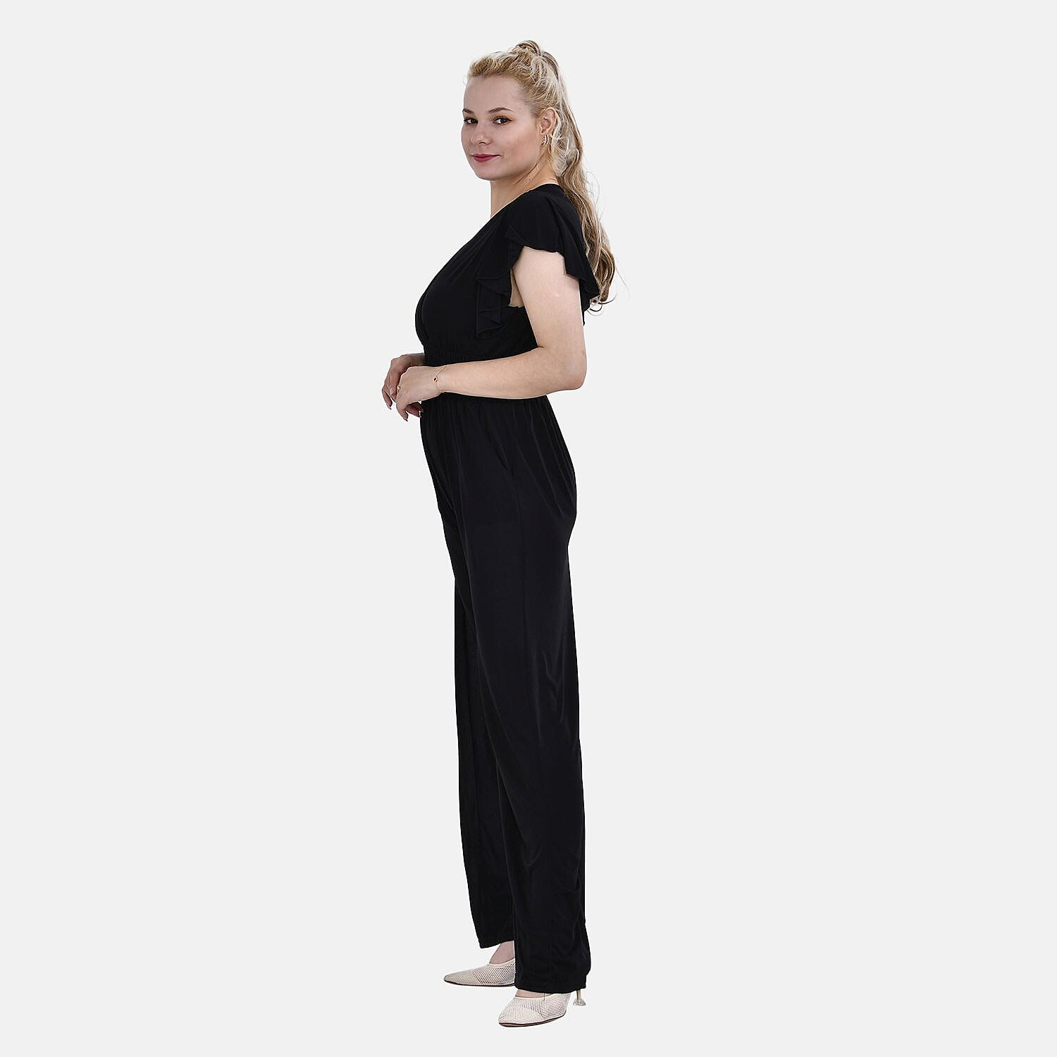 LA MAREY Smocked Waist Jumpsuit with Flutter Sleeve (16 to 20) - Black