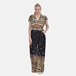  TAMSY Flutter Sleeve Smocked Rose Printed Midi Dress - Black