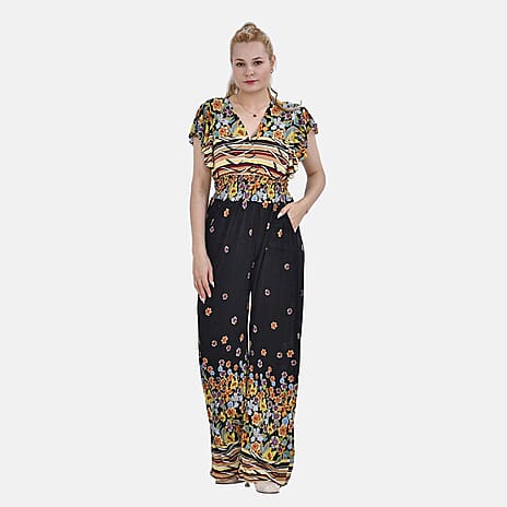 TAMSY Sunflower Print Smocked Waist Stretch Jersey Jumpsuit (Size M) - Black