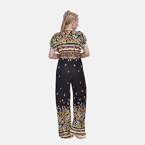 La Marey Floral Printed Smocked Waist Jumpsuit with Flutter Sleeve (Size M 8 - 14) - Black & Multi