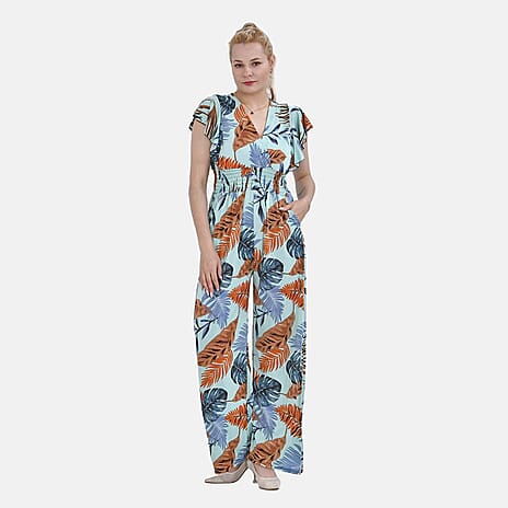 LA MAREY Leaf Pattern Smocked Waist Jumpsuit with Flutter Sleeve (Size SM 8 - 14) - Mint Green