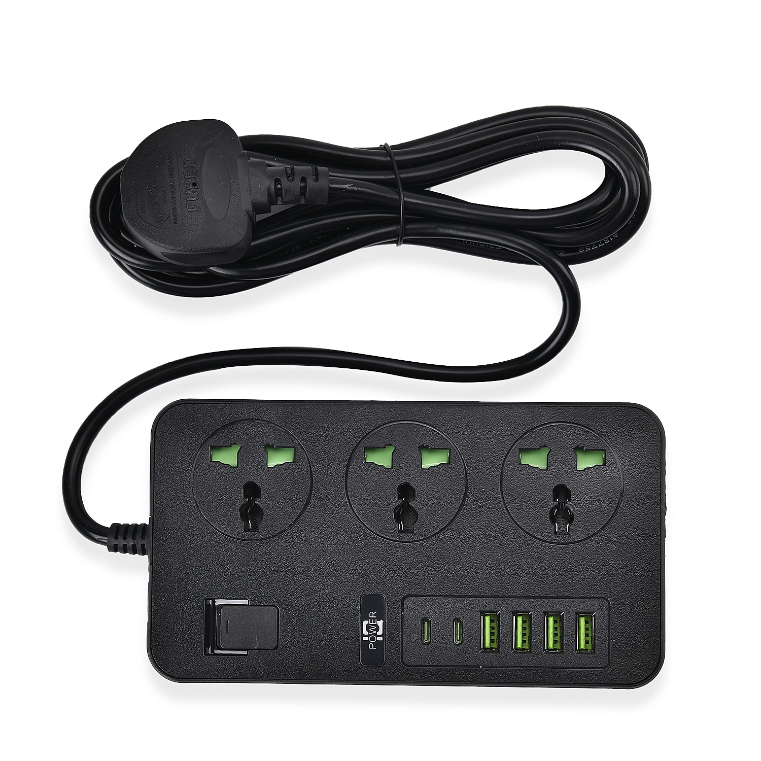 MUST HAVE - Power Plug Strip With Three 3 pin plug sockets, 4 x A-type and 2 x C-type USB Sockets), 3m extension cable