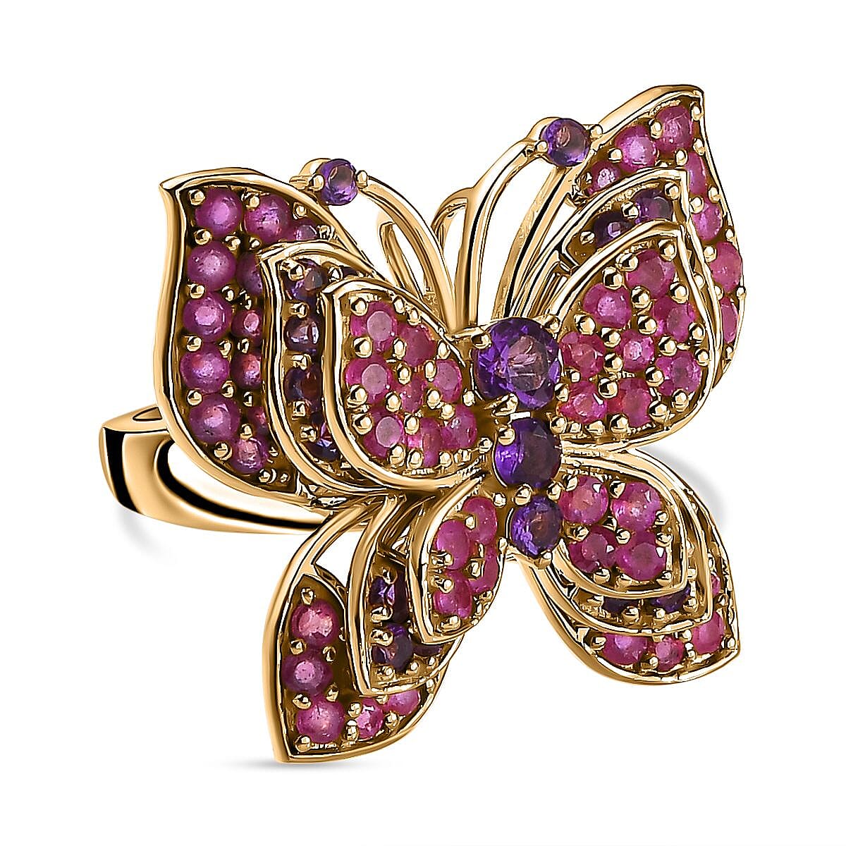 GP Italian Garden Collection - Amethyst & Ruby Ring in 18K Vermeil Yellow Gold Plated Sterling Silver 5.23 Ct, Silver Wt. 11.26 Gms