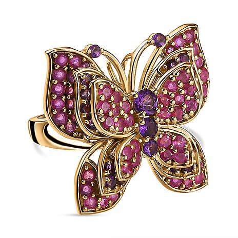 GP Italian Garden Collection - Amethyst & Ruby Butterfly Ring in 18K Vermeil Yellow Gold Plated Sterling Silver 5.24 Ct, Silver Wt. 11.26 Gms