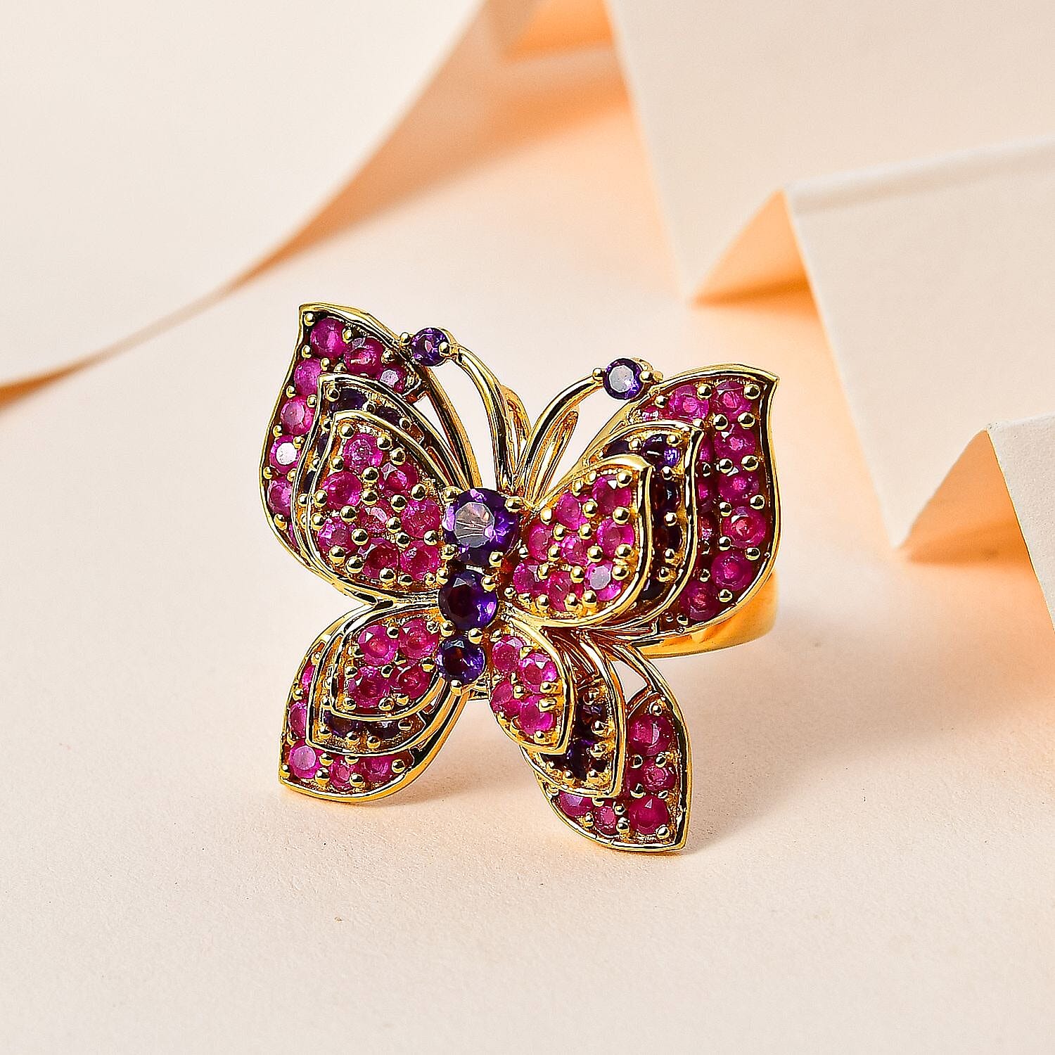 GP Italian Garden Collection - Amethyst & Ruby Ring in 18K Vermeil Yellow Gold Plated Sterling Silver 5.23 Ct, Silver Wt. 11.26 Gms