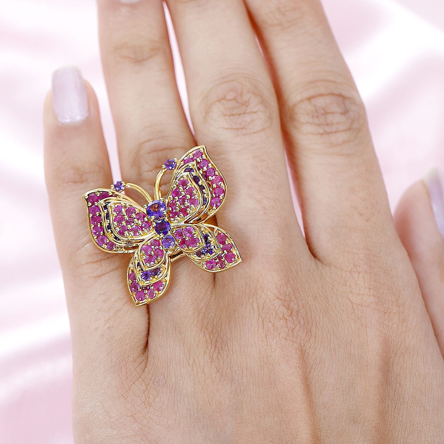 GP Italian Garden Collection - Amethyst & Ruby Ring in 18K Vermeil Yellow Gold Plated Sterling Silver 5.23 Ct, Silver Wt. 11.26 Gms