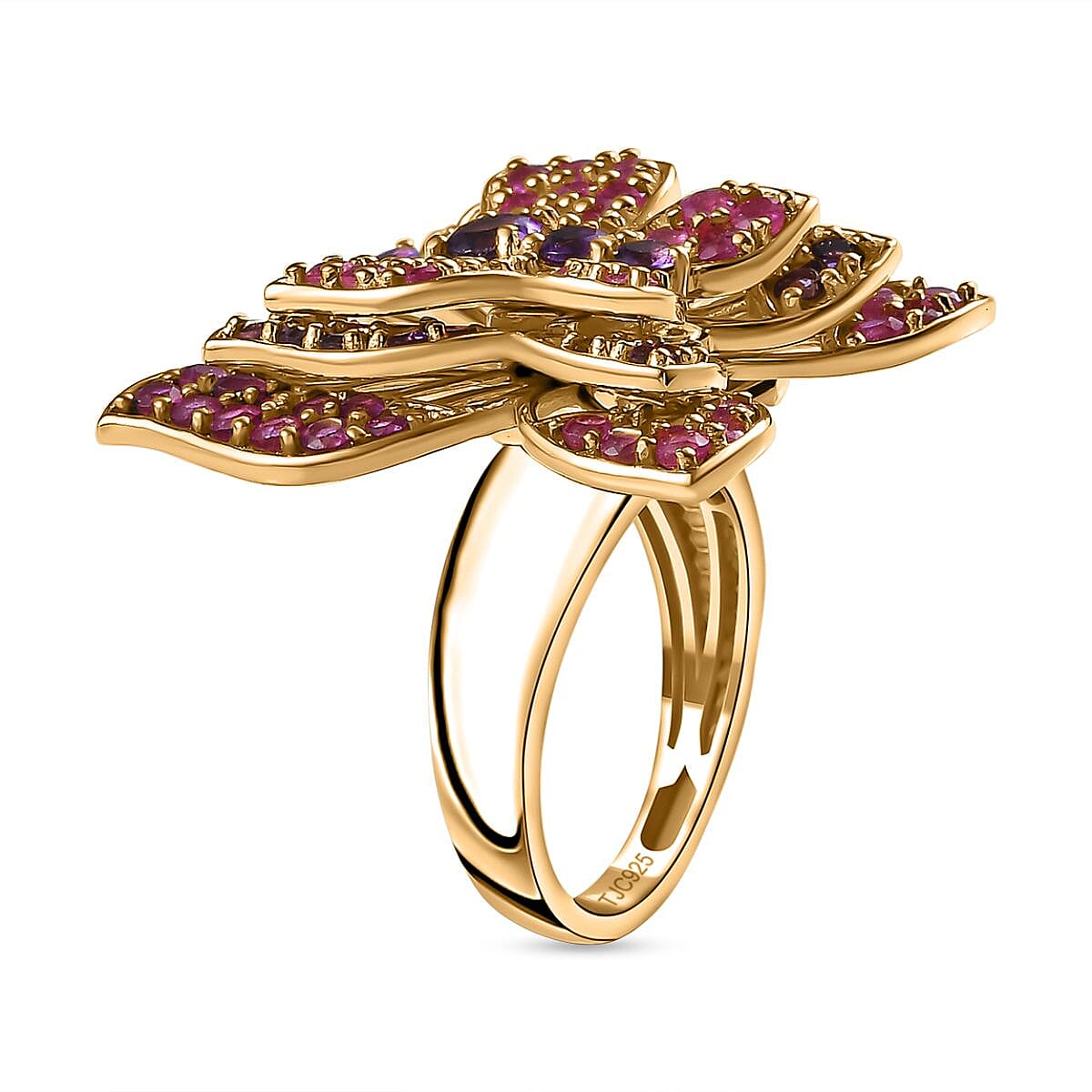 GP Italian Garden Collection - Amethyst & Ruby Ring in 18K Vermeil Yellow Gold Plated Sterling Silver 5.23 Ct, Silver Wt. 11.26 Gms